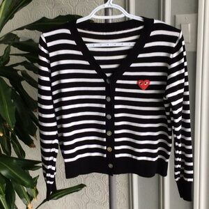 Comme des Garcons Black and White Striped Cardigan with Red Heart